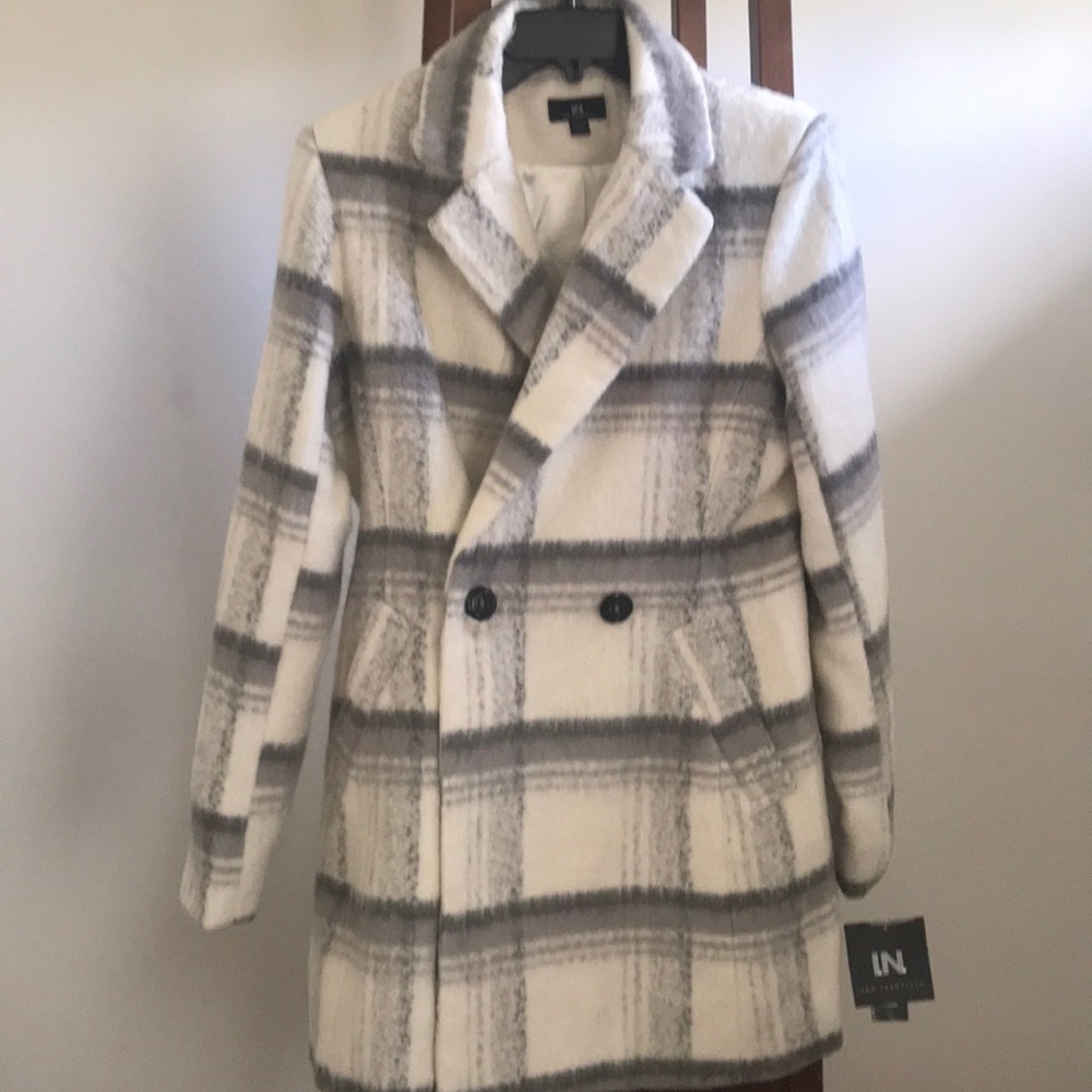 Light Cream and Gray Plaid Coat SIZE Medium